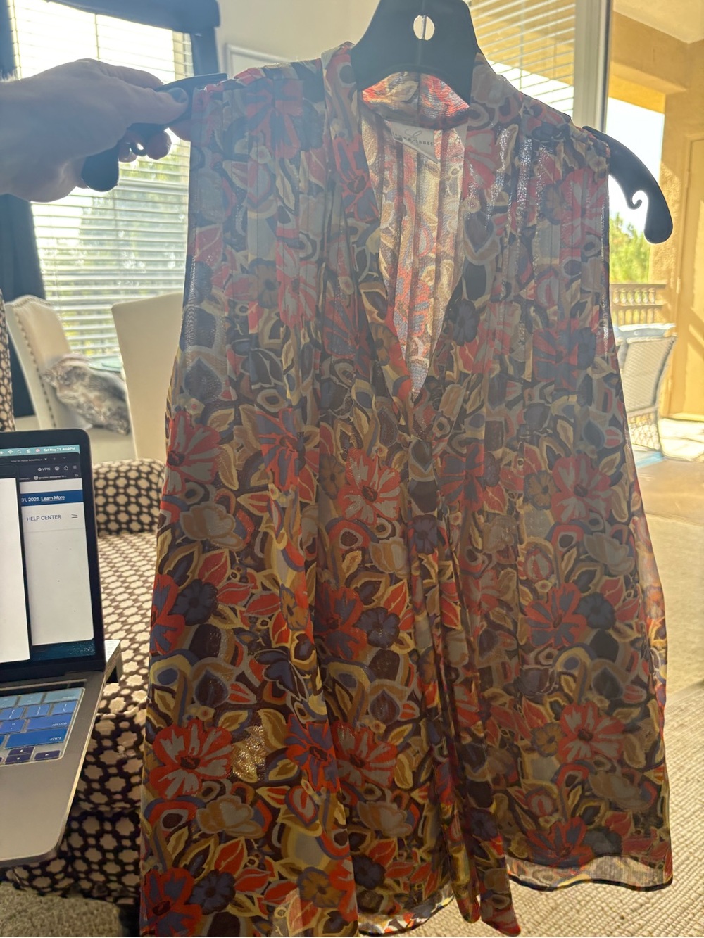 Emma James Floral Sheer Blouse in Red, Navy & Gold Tones